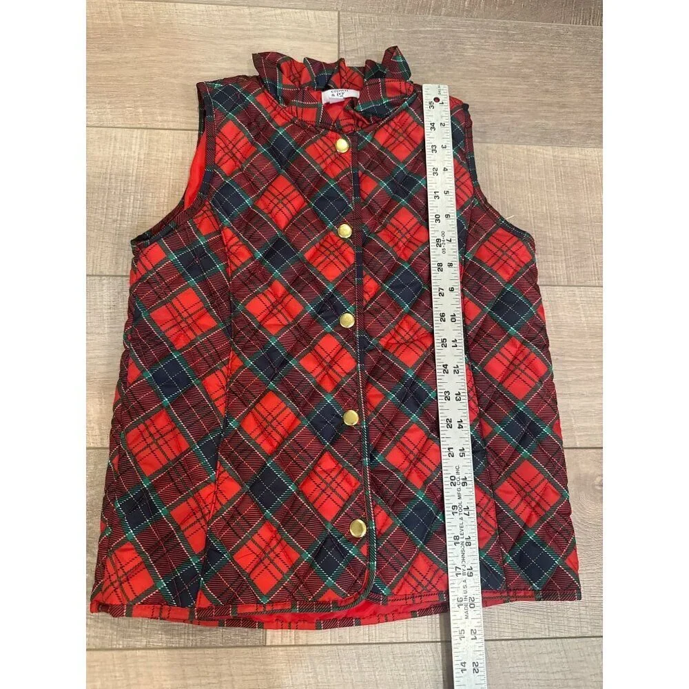 Red Christmas Plaid Quilted Kids Vest Ruffle Neckline & Gold Buttons Crown & Ivy